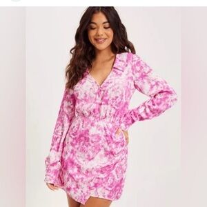 FOR LOVE & LEMONS Devon Dress, long sleeve mini, pink tie-dye pattern, size L